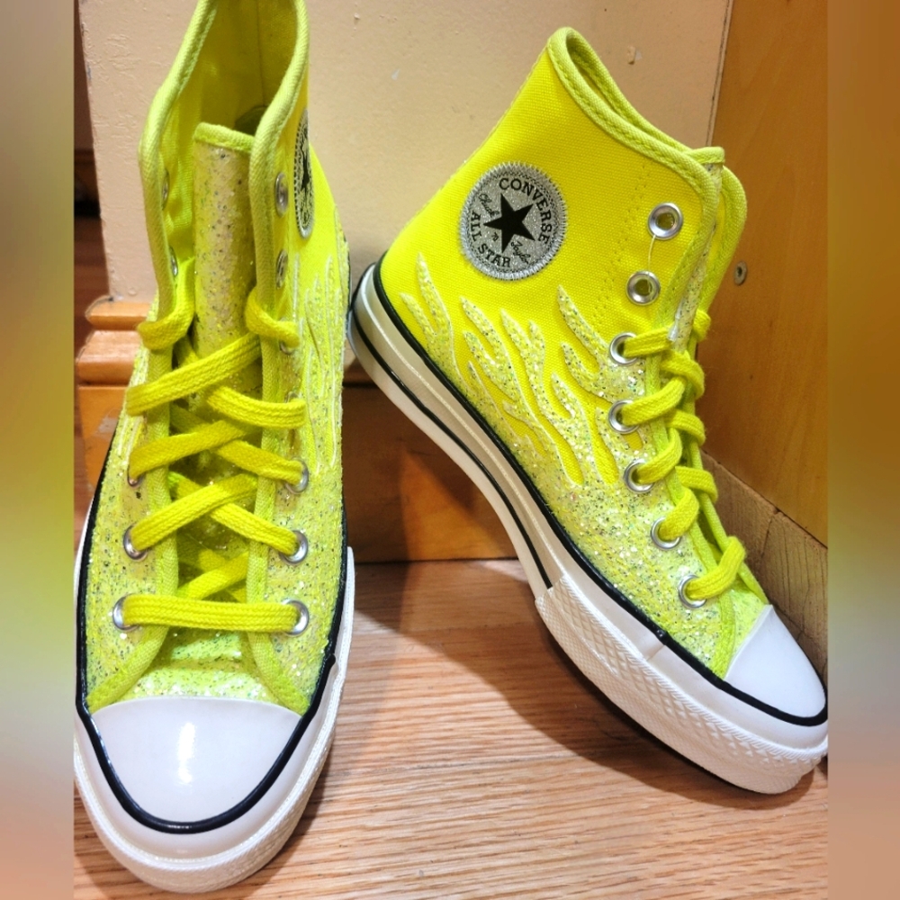 Lemon Venom Neon Yellow Glitter Flames Converse High Top All Star 6 WOMEN 4 MEN